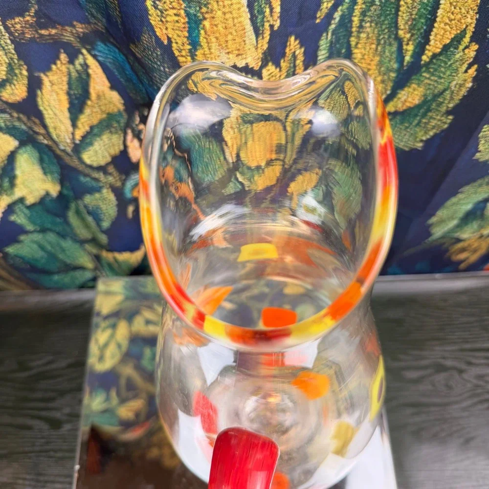 Hand Blown Glass‎ Pitcher MCM Murrine Style Red Yellow Orange Geometric 12.5in